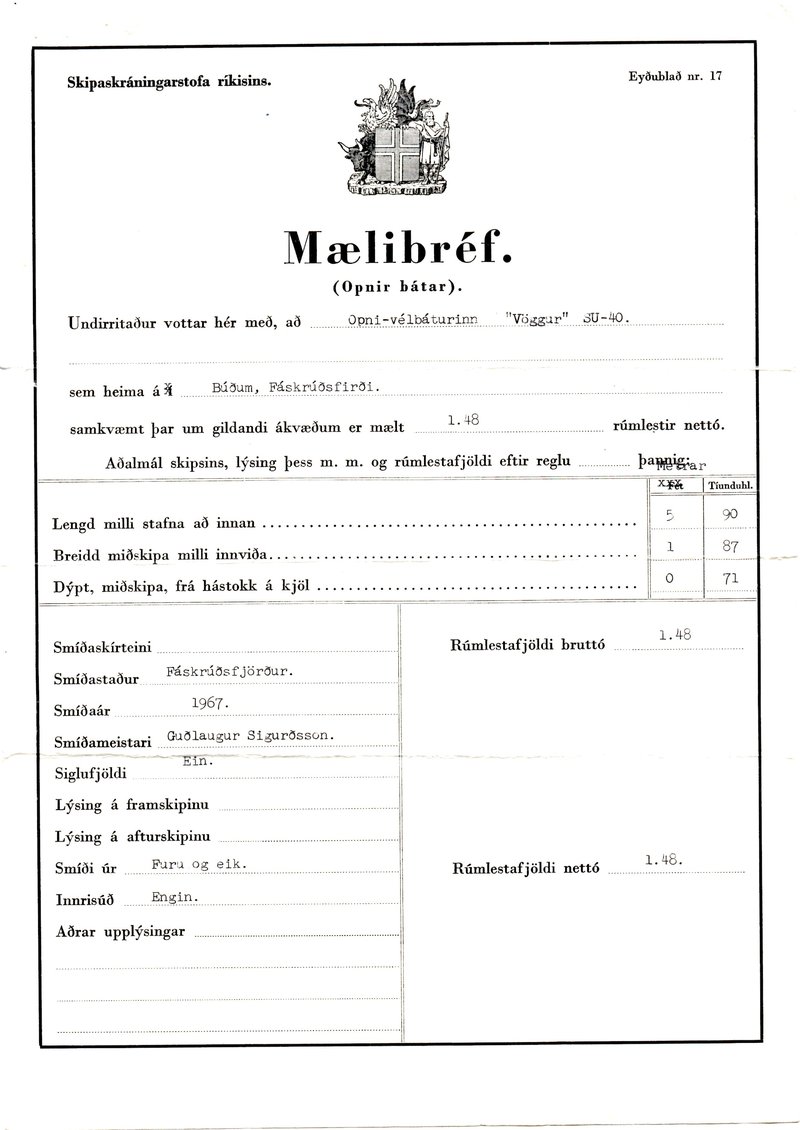 Mælibréf frá Skipaskráningastofu ríkisins útgefið 20. nóvember 1967 í Reykjavík.