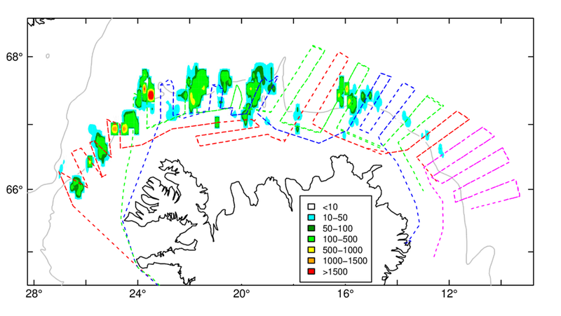 loðnu í janúar samkvæmt bergmálsgildum. (Árni Friðriksson rauður, Polar Ammassak grænn, Bjarni Sæmundsson blár og Ásgrímur Halldórsson bleikur). Mynd/Hafró