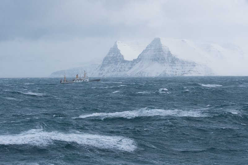 7.	Rannsóknaskipið Bjarni Sæmundsson í loðnuleiðangri í janúar 2018. Bjarni virkar lítill í samanburði við hrikalegt landslagið á Hornströndum. MYND/Svanhildur Egilsdóttir