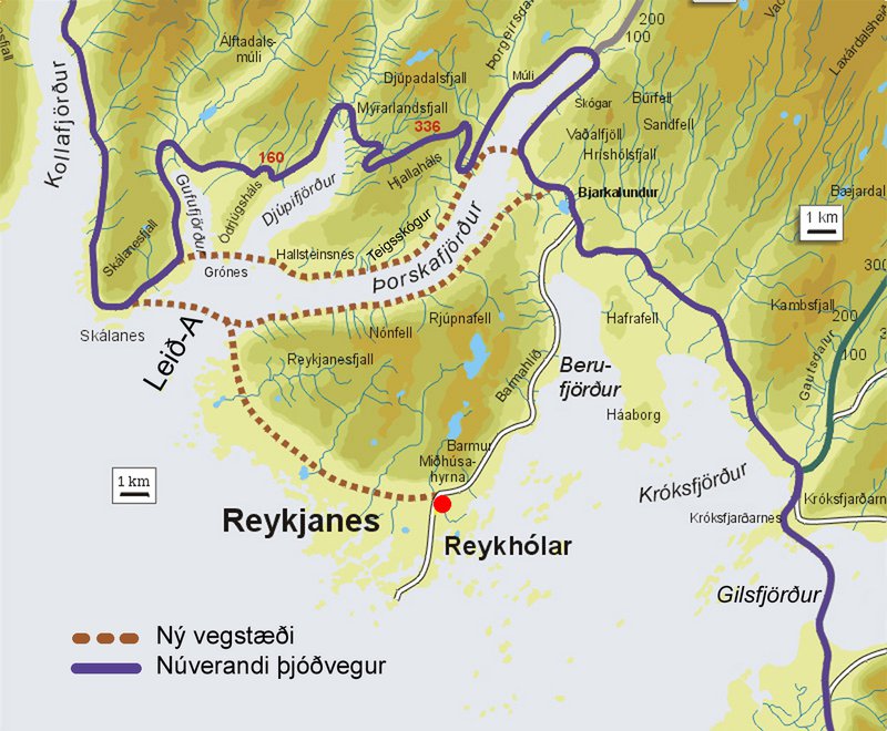 Hugmyndir að nýjum vegi um Þorskafjörð.